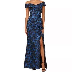 Adrianna Papell off shoulder  Blue Floral Jacquard gown